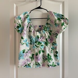 Old Navy Green, Blue, and Purple Floral Smocked Ruffled Blouse